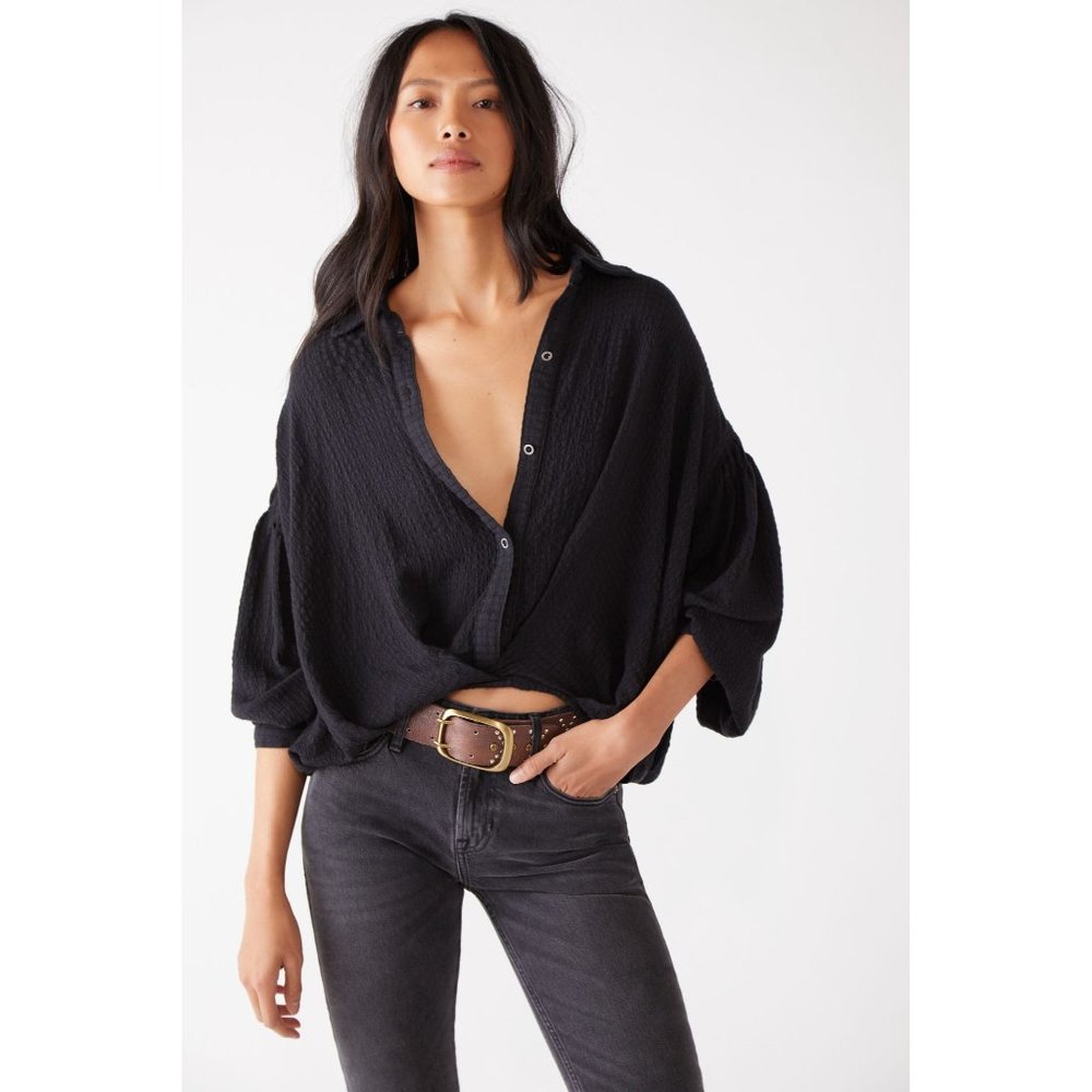 Free People We the Free Rockaway Oversized Crop Long Sleeve Shirt Black Size M - Picture 10 of 11